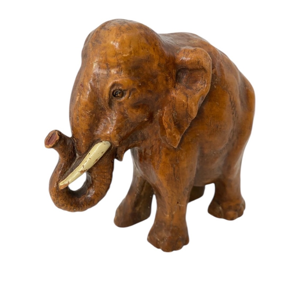 Syroco Wood Elephant Figure with White Tusks and Curled Trunk--1940's
